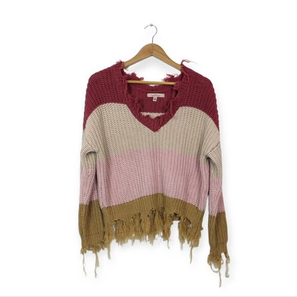 Love Tree Sweaters - Love Tree Sweater S Pink Combo Colorblock Stripe Distressed V Neck Casual